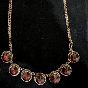 Vintage Style Garnet Dark Gold Tone Bezel Set Gemstone Necklace